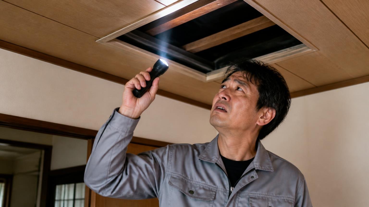 見ないほうがいい人の条件|築古の木造戸建ての天井点検口を懐中電灯で照らし表情を曇らせる男性1人