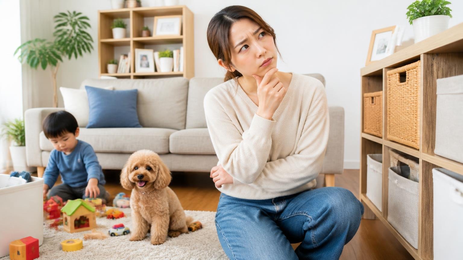 向いていない人。リビングで子どもとペットを見守りながら置き場所に悩む母親