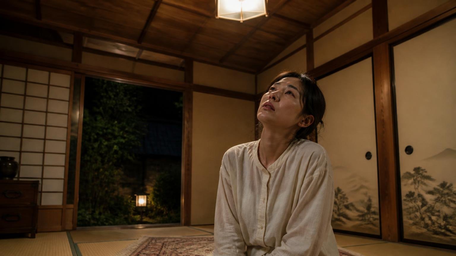 それでも戻ってくる。理由はひとつだけ。古民家の和室で女性1人が天井を見上げ肩を落とす夜の場面