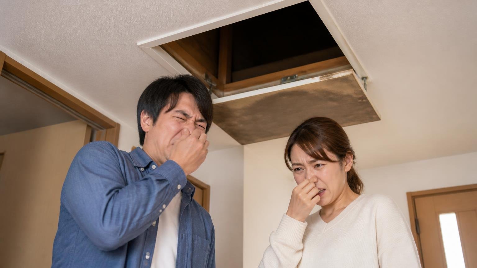 回収できない場所で死んだときの問題、天井裏の点検口の下で男女2人が鼻を押さえ顔をゆがめる