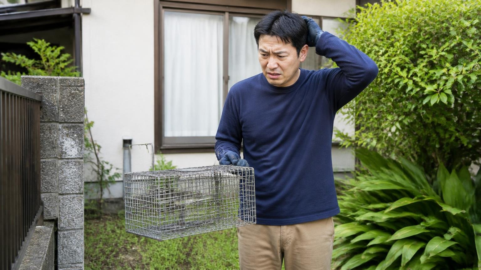 許可なく捕獲できない動物がいる。住宅の庭先で男性1人が捕獲器を手に困った表情で立ち止まる場面