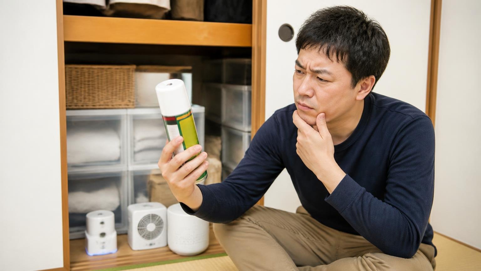 市販の忌避剤や超音波グッズは効かないのか。押し入れ前で男性1人が忌避剤を手に半信半疑
