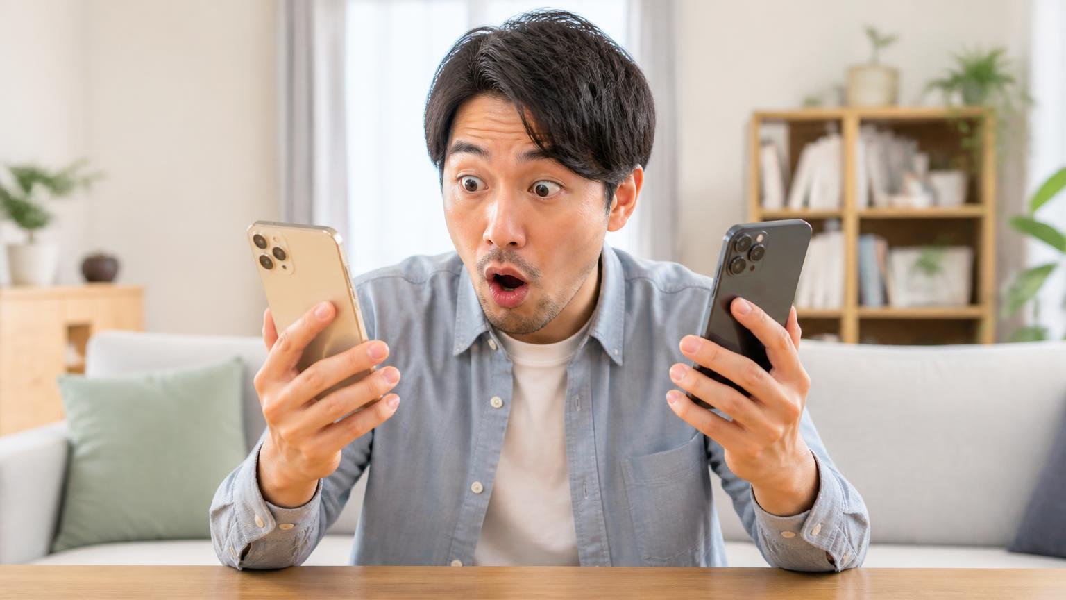 同名の別会社 リビングで男性1人がスマホの画面2つを見比べて驚く