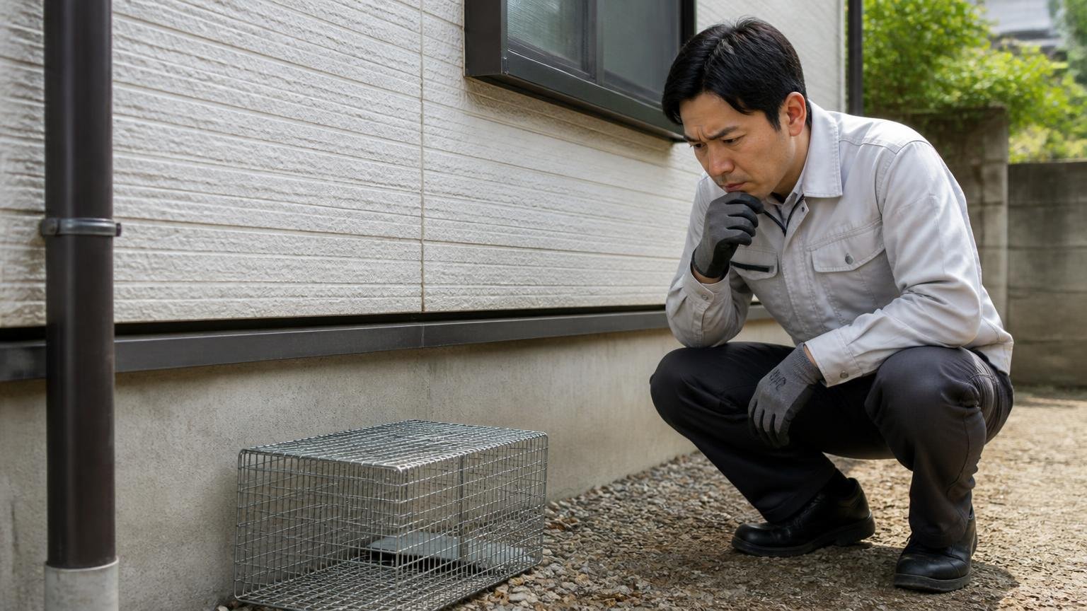自力でやるなら越えてはいけない2本の線。家の外壁まわりで点検する男性1人がわなの箱を前に立ち止まり考え込む