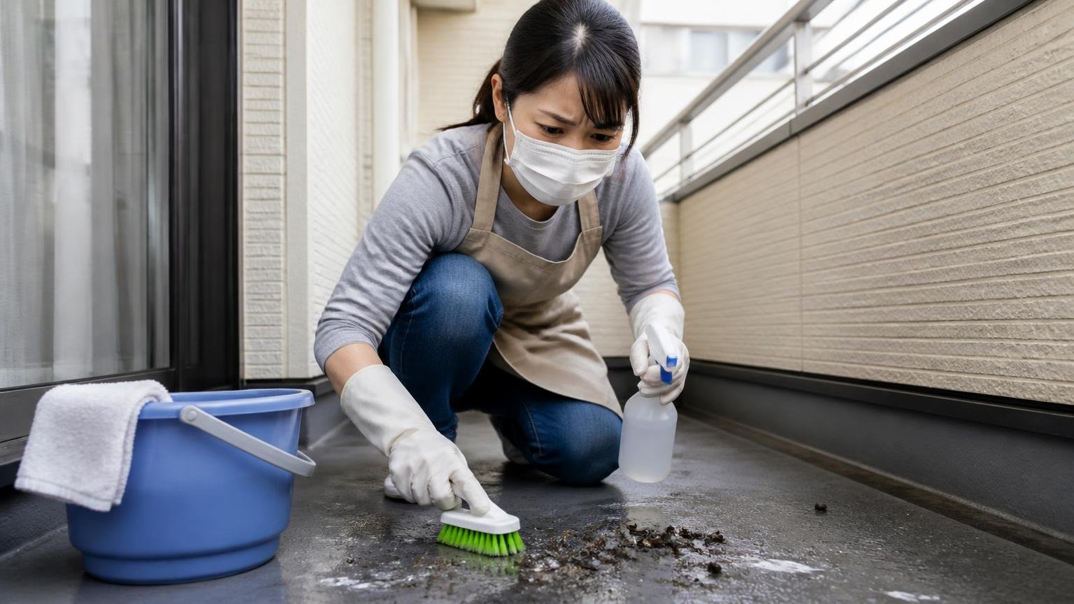 フンの掃除と消毒は別の作業として残る|住宅のベランダ床|女性1人がマスクと手袋で清掃し眉をひそめる