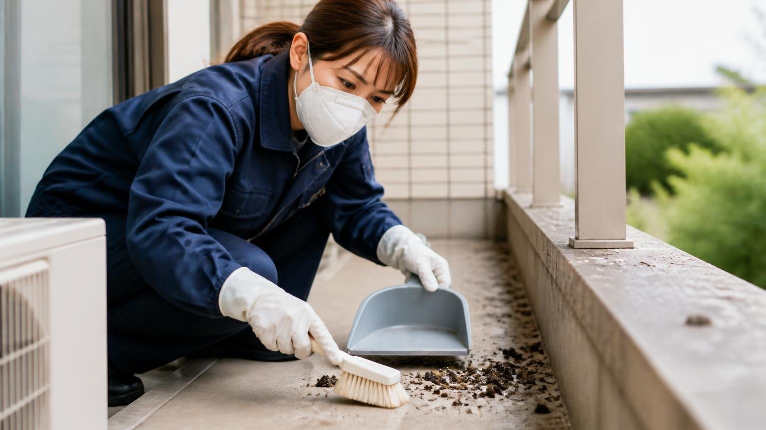 フンの掃除は装備を整えてから|住宅のベランダで女性1人が防塵マスクと手袋姿で清掃する