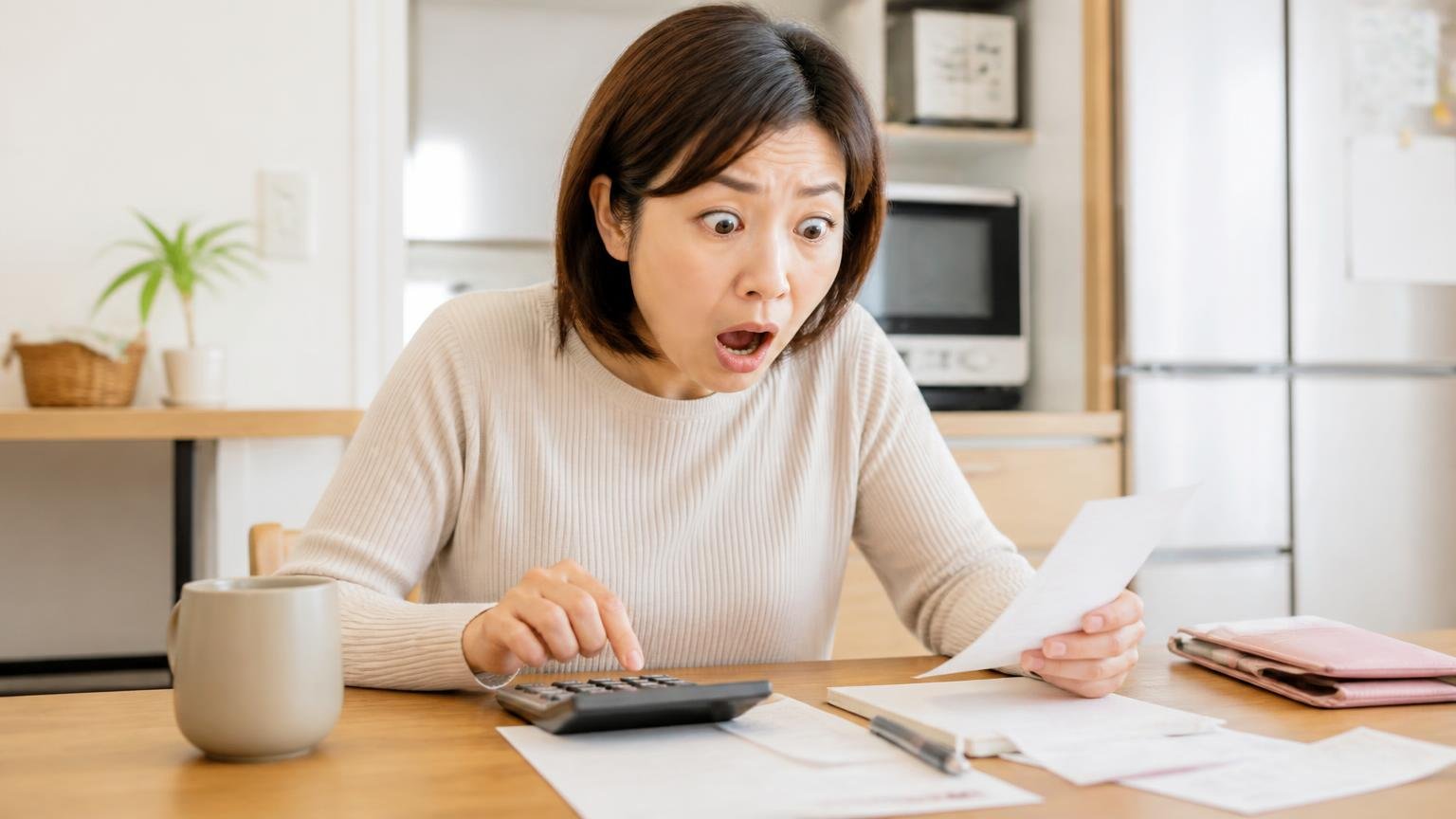 3ヶ月ごとの買い替え費用を計算|台所のテーブルで電卓をたたく女性1人が目を見開く