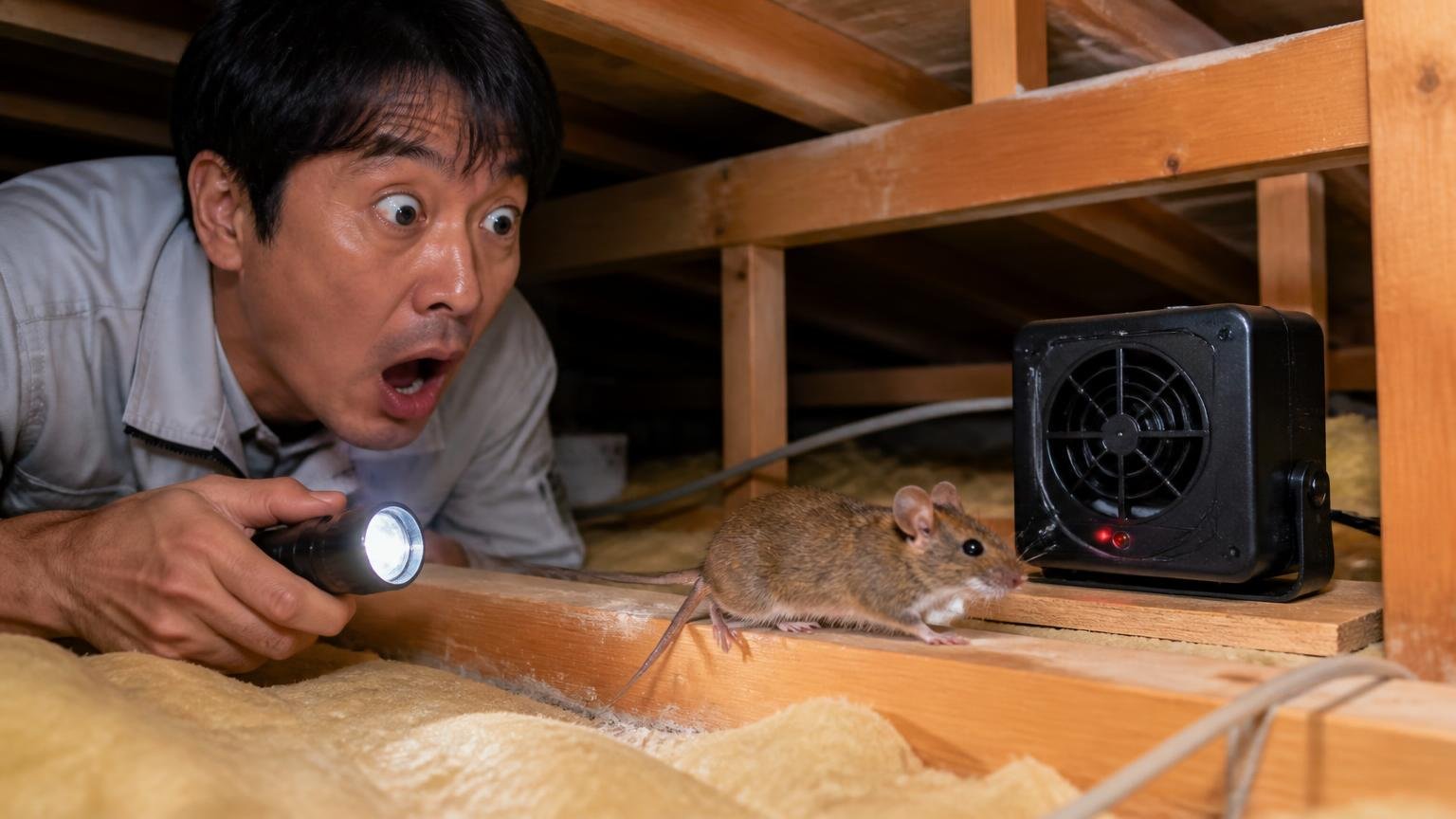 ネズミが超音波に慣れる場面。木造戸建ての天井裏で機器の横を平然と歩くネズミを見て絶句する40代男性