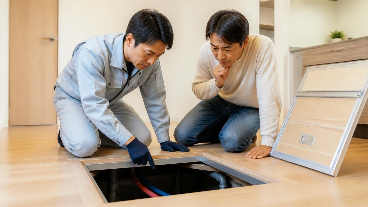 どちらとも言えない人がやるべきこと 住宅の点検口を開けて調査する作業員1名と住人1名 一緒にのぞき込む