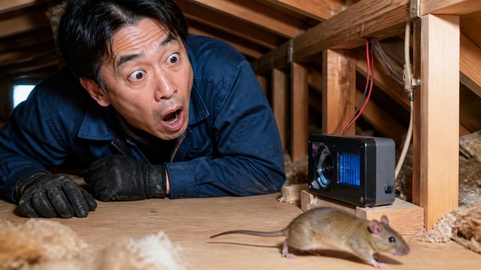ネズミが慣れる 木造戸建ての天井裏で装置のそばを平然と通るネズミに男性1人が絶句する