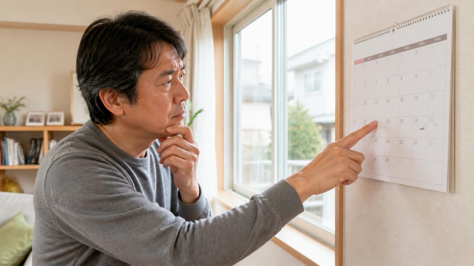 自治体は冬期以外の使用をすすめていない 住宅のリビングの窓辺 住人1人 カレンダーを見て時期を確認する