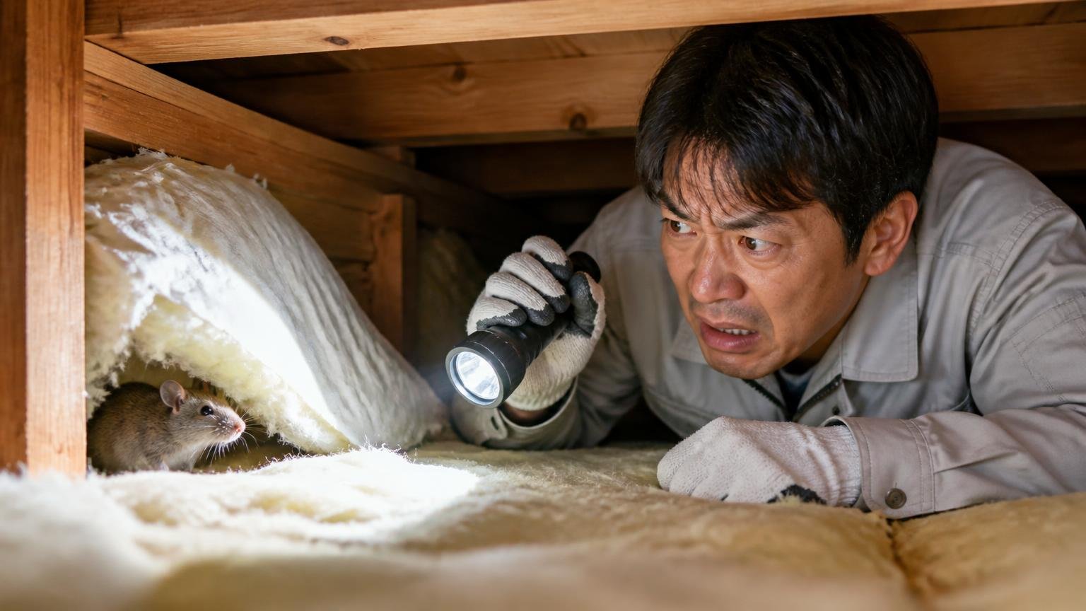 ネズミは音に慣れる。木造戸建ての天井裏で断熱材の陰を懐中電灯で照らす作業員が険しい表情