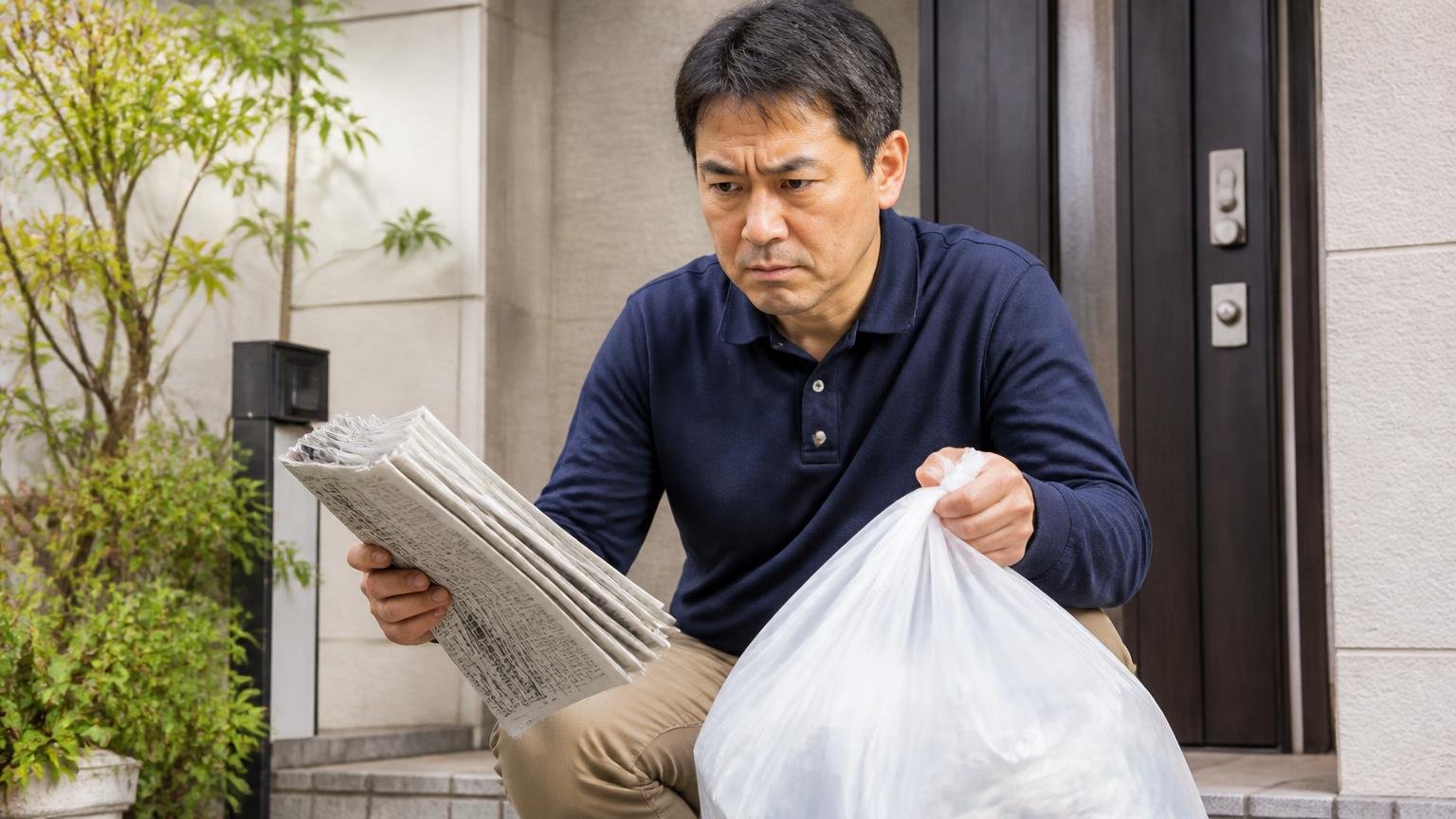 1週間動かさず処分の段取りも決める。玄関先で男性1人が新聞紙とゴミ袋を用意し表情を引き締める