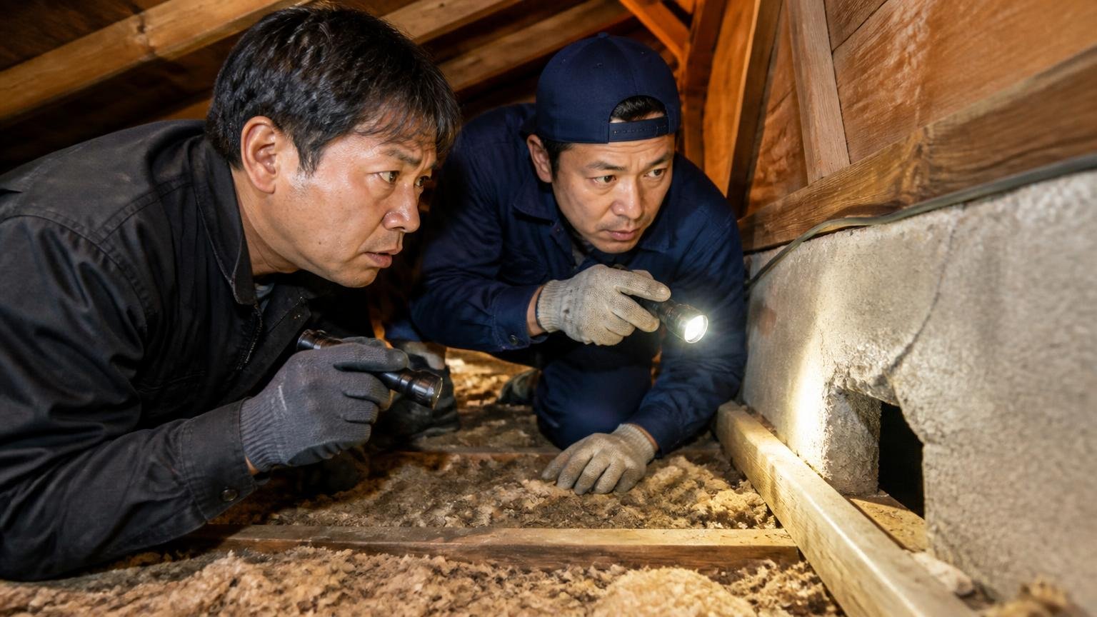 現場のプロが基本的に殺鼠剤は使用しませんと言う理由、住宅の天井裏で作業員2名が懐中電灯を手に侵入口を点検する