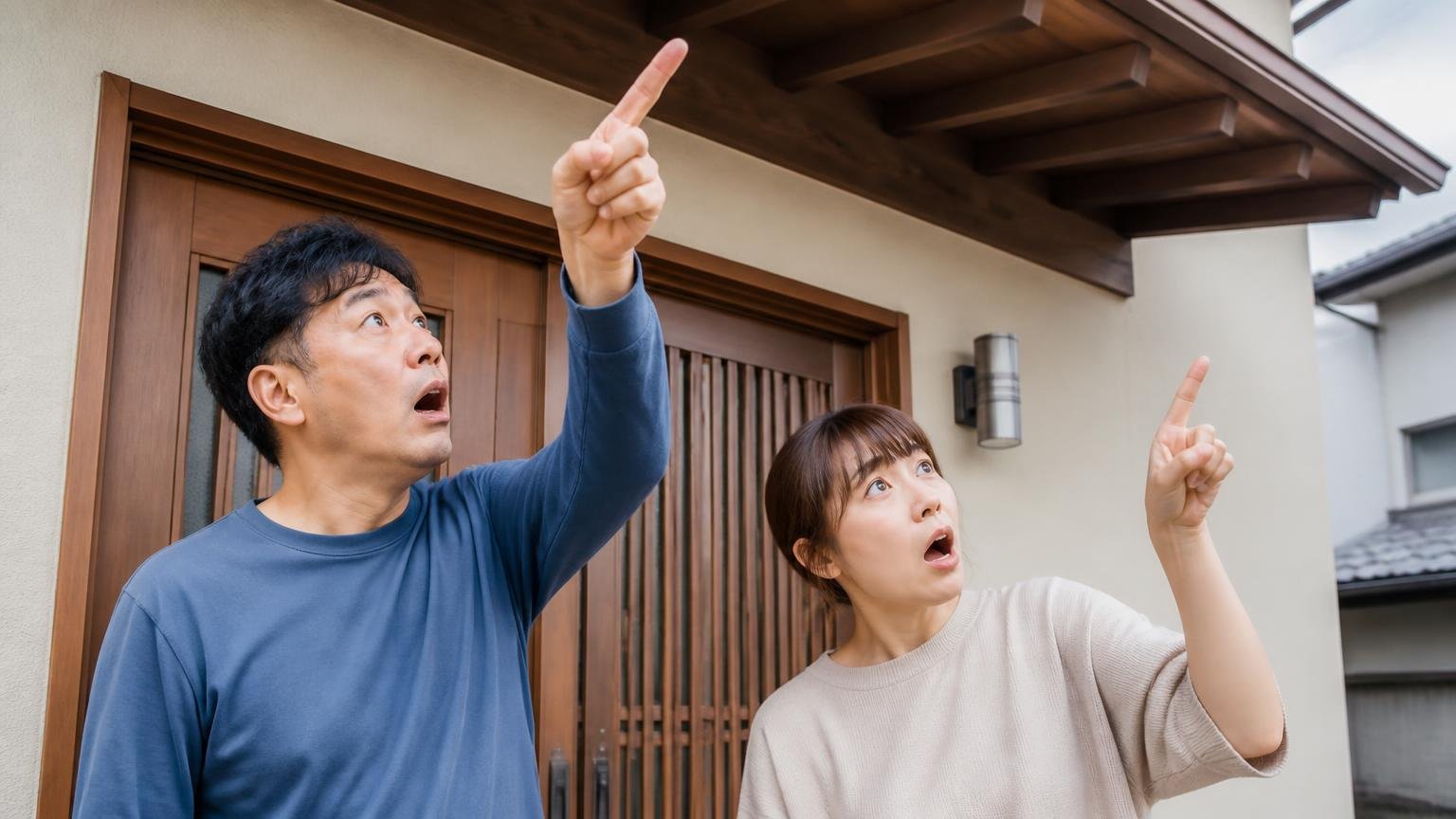 そもそも相手がネズミではないかもしれない 屋根の軒下を見上げる玄関前で 男女2人が 驚いた顔で上を指さす