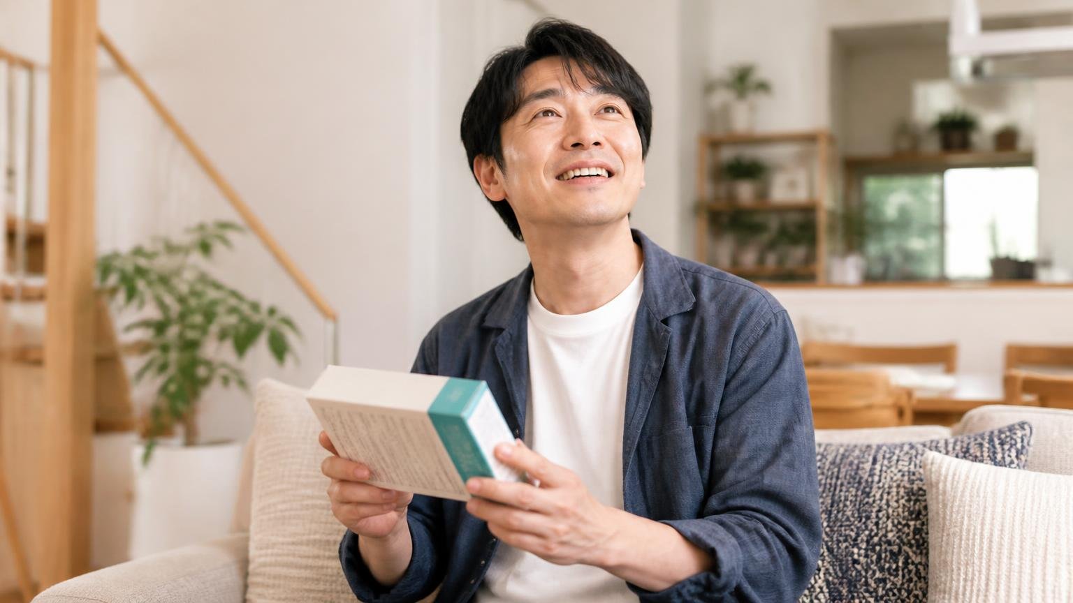 効かない理由は商品ではなく段階のズレだと知る場面 木造戸建てのリビングで商品箱を手に肩の力を抜く30代男性1人 ほっとした表情