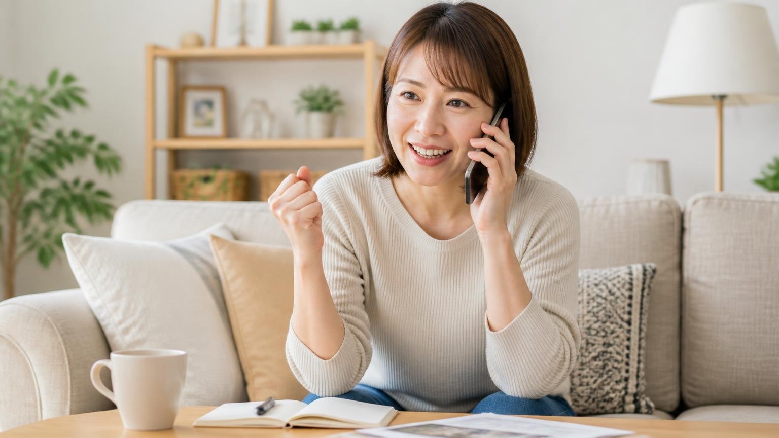 向いていないと分かったときこそ次の一歩が早くなる。リビングで別の業者に電話をかける30代女性1人