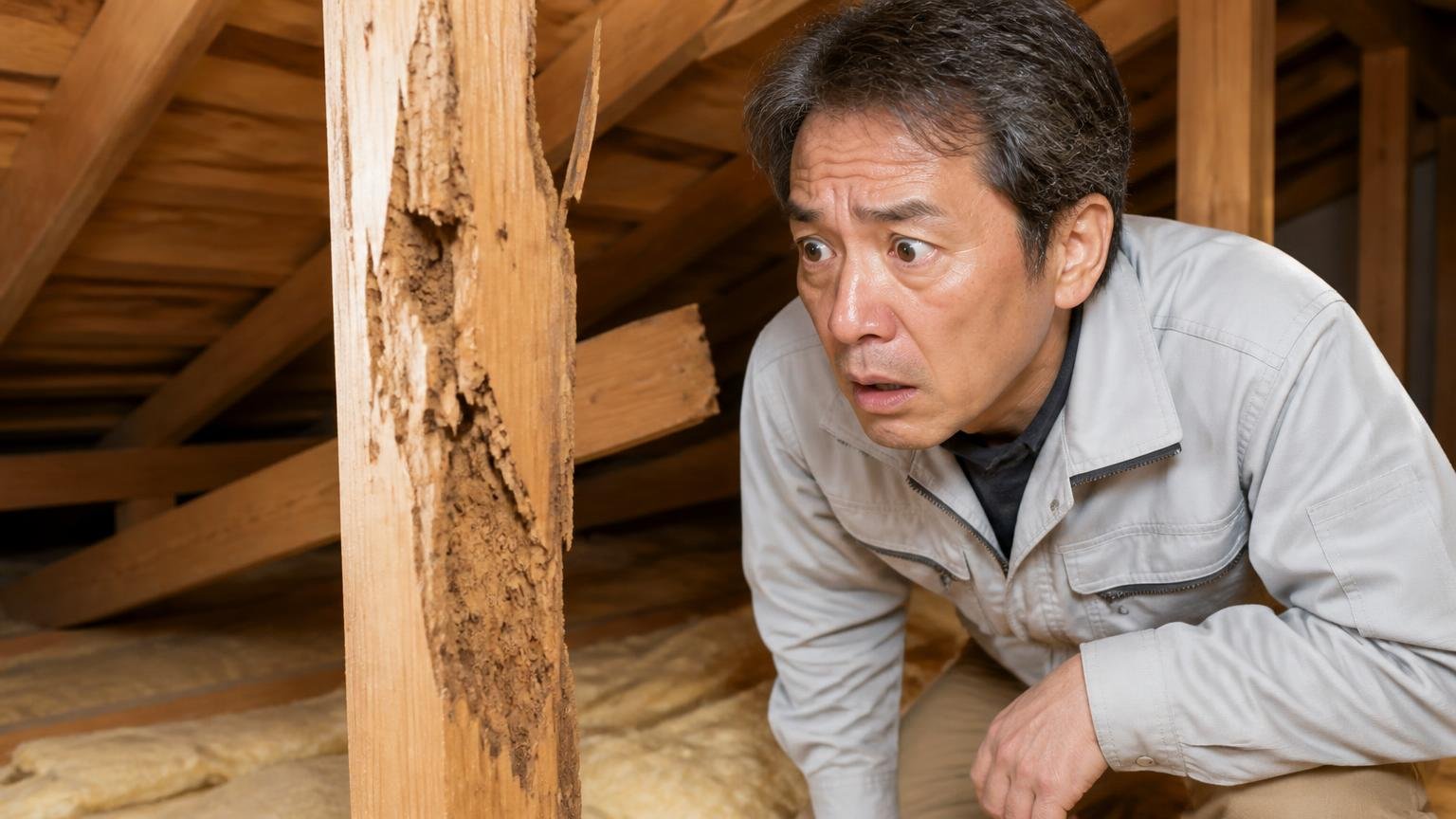 長期化した被害の跡を確認する場面 築古の戸建ての屋根裏 50代男性が柱のかじり跡を見て言葉を失う表情