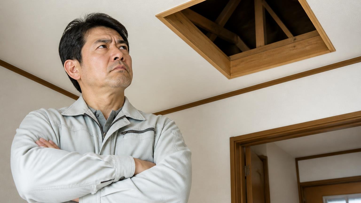 一度食べて生き延びた個体は二度と口をつけない。木造戸建ての天井裏を見上げて50代男性が険しい表情で腕を組んでいる