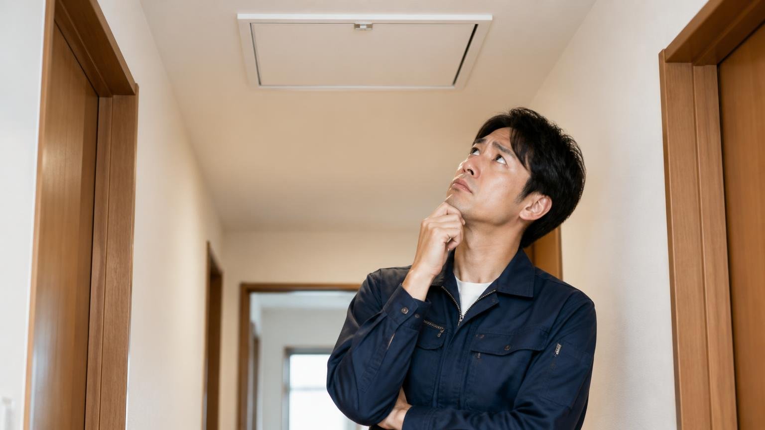 判定がつかないときの考え方。木造戸建ての廊下で男性1人が天井点検口を見上げ迷う表情