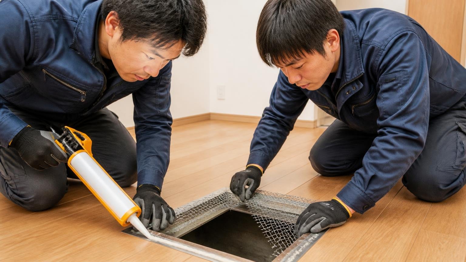ステップ3対策のための措置を講じる|住宅の床下点検口まわりで金網とパテを使って作業する|作業着の男性2人|工具を持って手を動かす