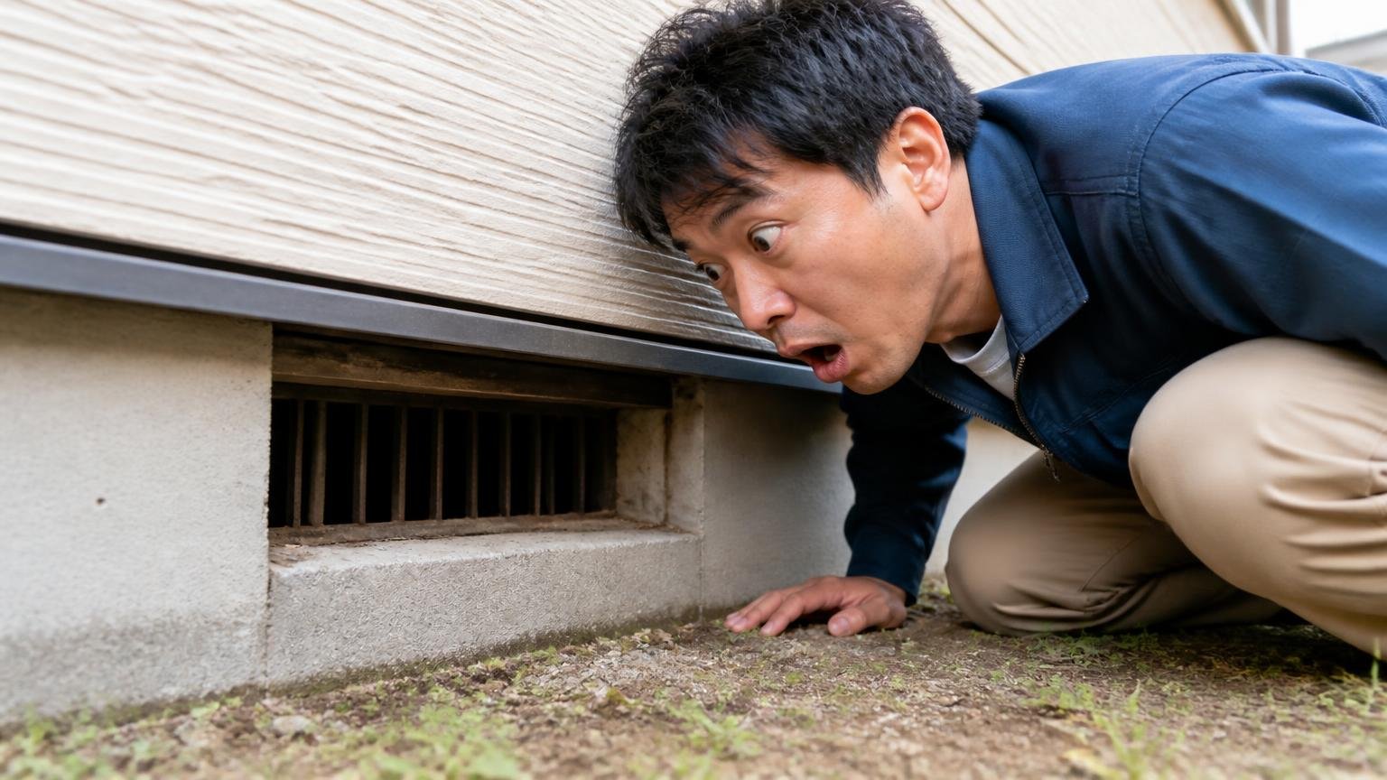 ネズミは1cmのすき間でも通り抜ける、戸建ての床下の通風孔、しゃがんで隙間をのぞく男性1人、驚いた表情