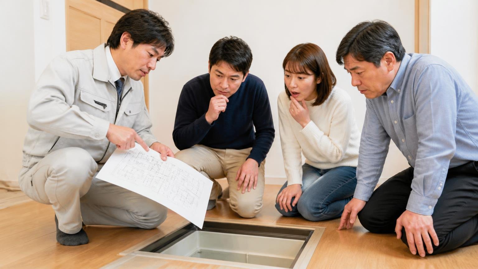 必要な数は畳数では決まらない 住宅の床下点検口前で作業服の男性が図面を指しながら説明