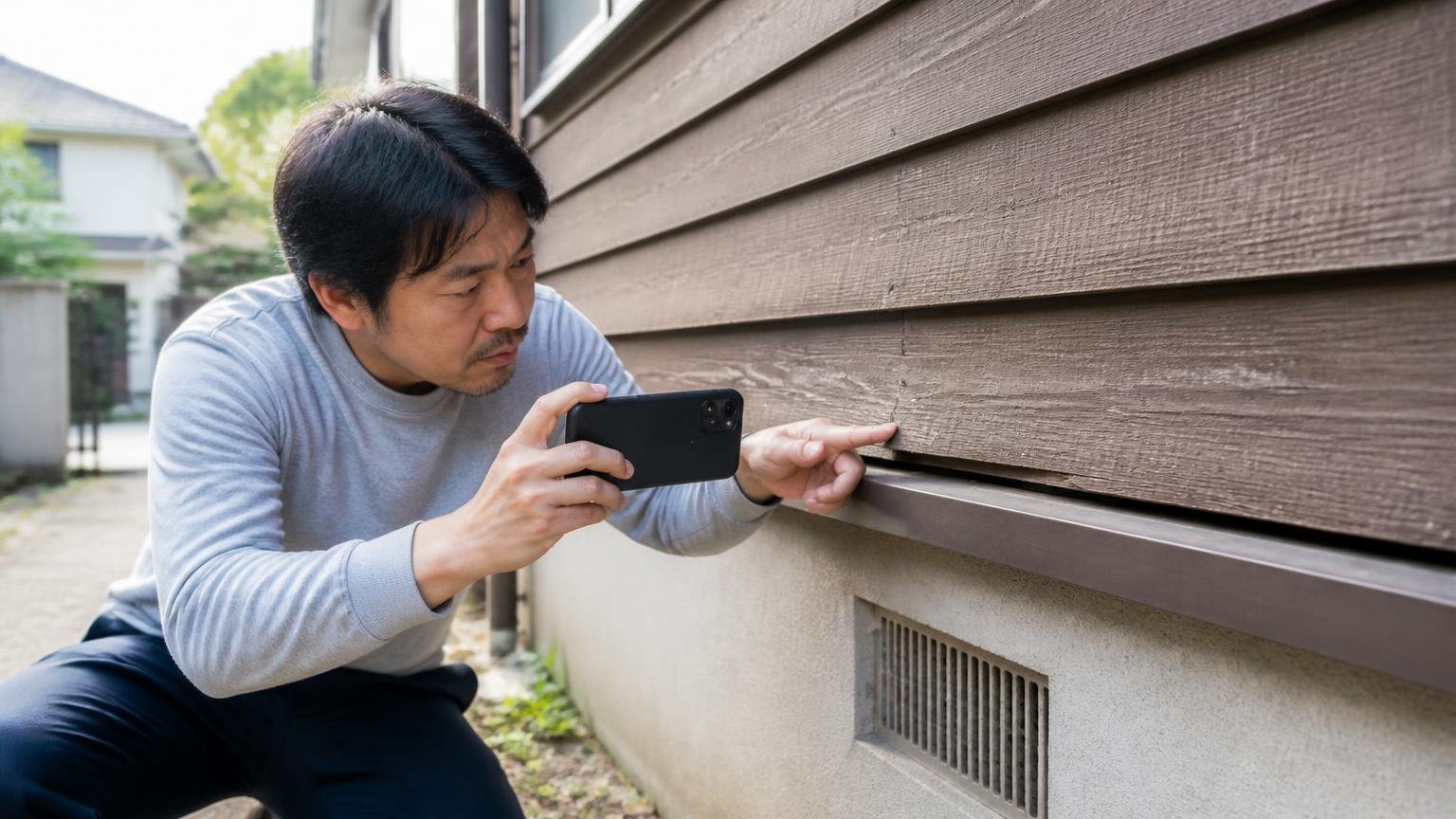 自分でやっていい範囲は記録と痕跡の確認まで 木造戸建ての外壁まわりで点検 住人1人 スマホで隙間を撮影する