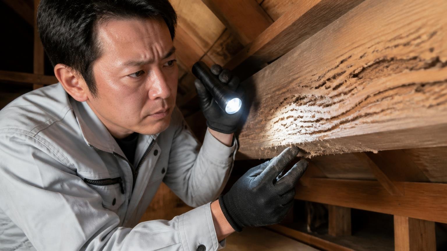 木材を食べる虫の可能性。木造戸建ての小屋裏で梁を懐中電灯で照らす作業服の男性1人が真剣