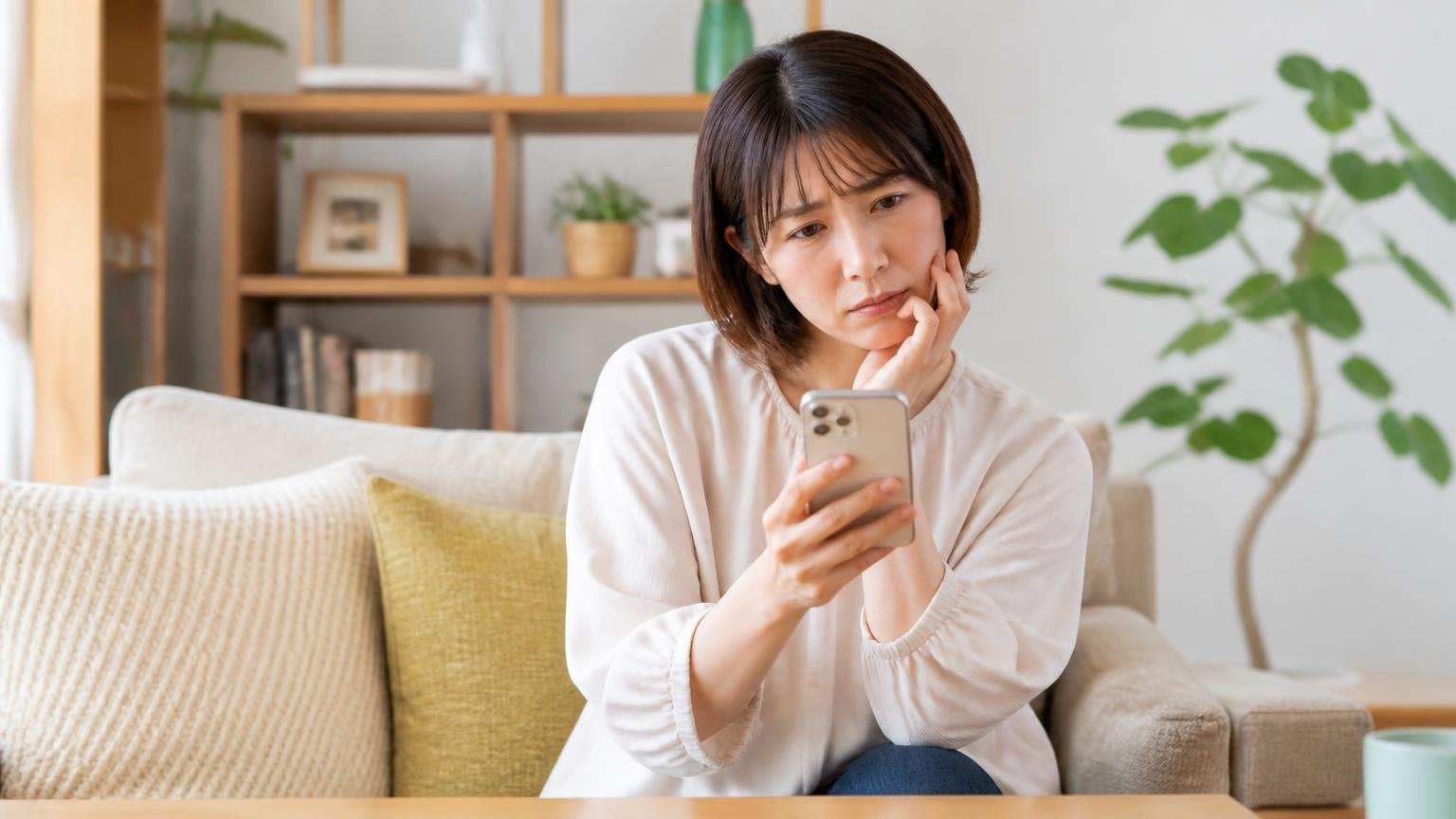 グレーだった人がやること|住宅のリビングでスマホを手に迷った表情で座っている女性1人