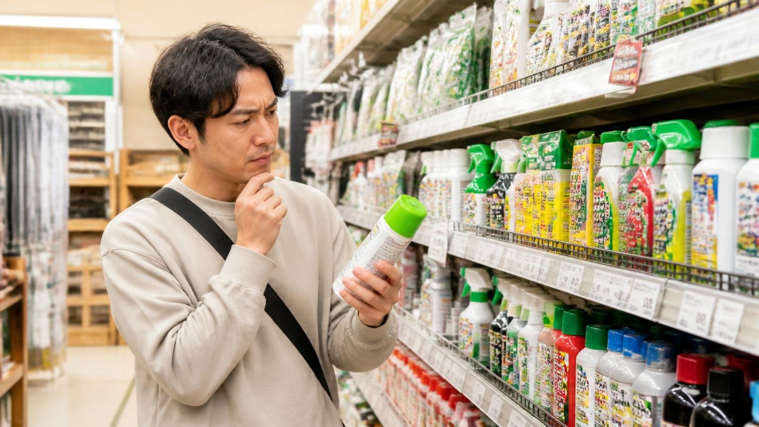 市販グッズは応急処置として使う|ホームセンターの棚の前で忌避剤を手に取る男性1人が悩む