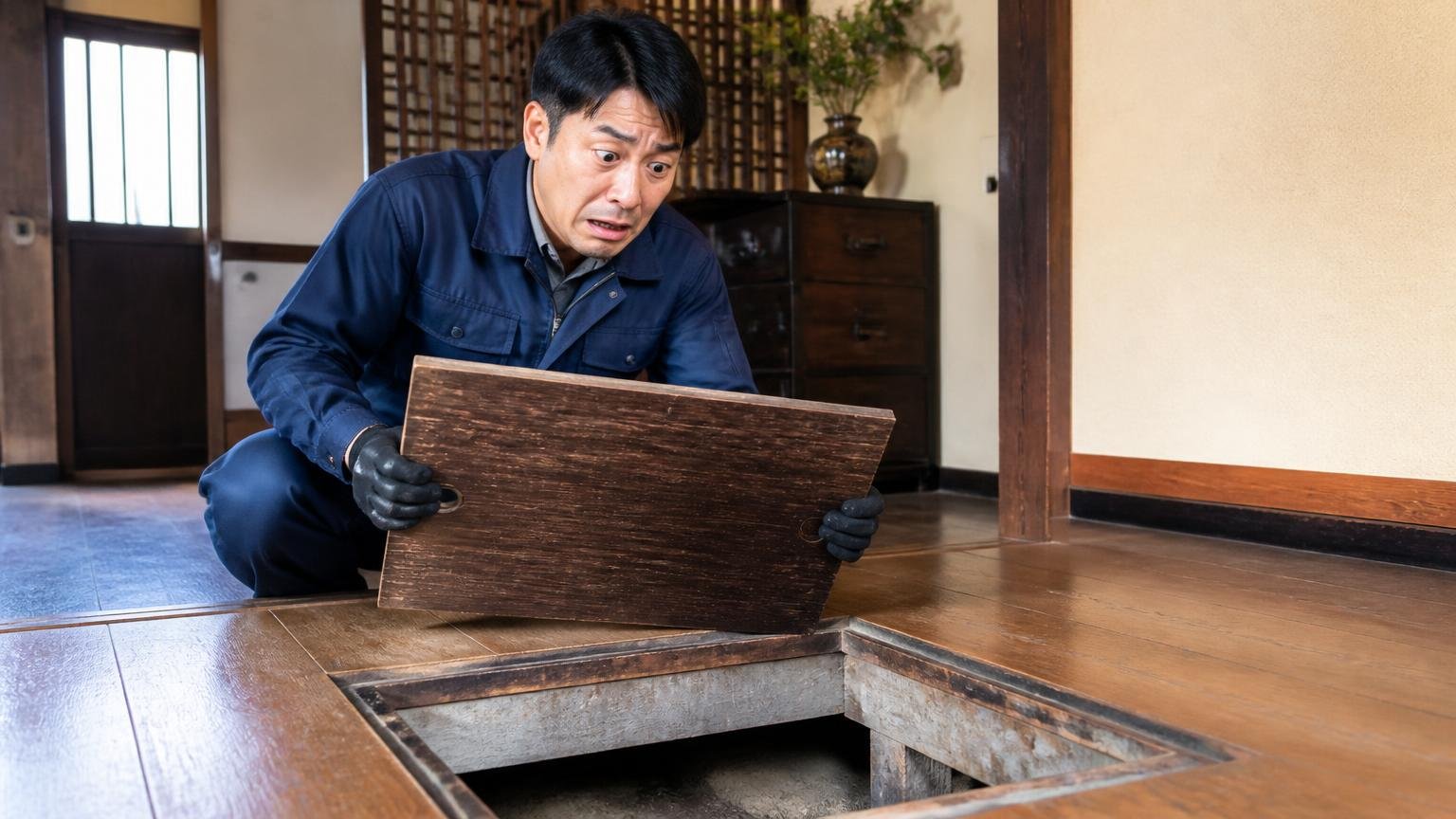 やってはいけない順番がある。古民家の床下点検口の前で男性1人が板を手に止められ困惑した表情