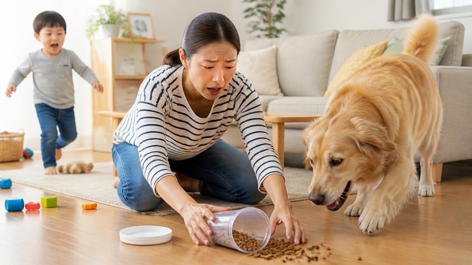 子どもとペットがいる家の注意点、リビングの床に置いた容器を母親1人が慌ててしゃがんで片づける