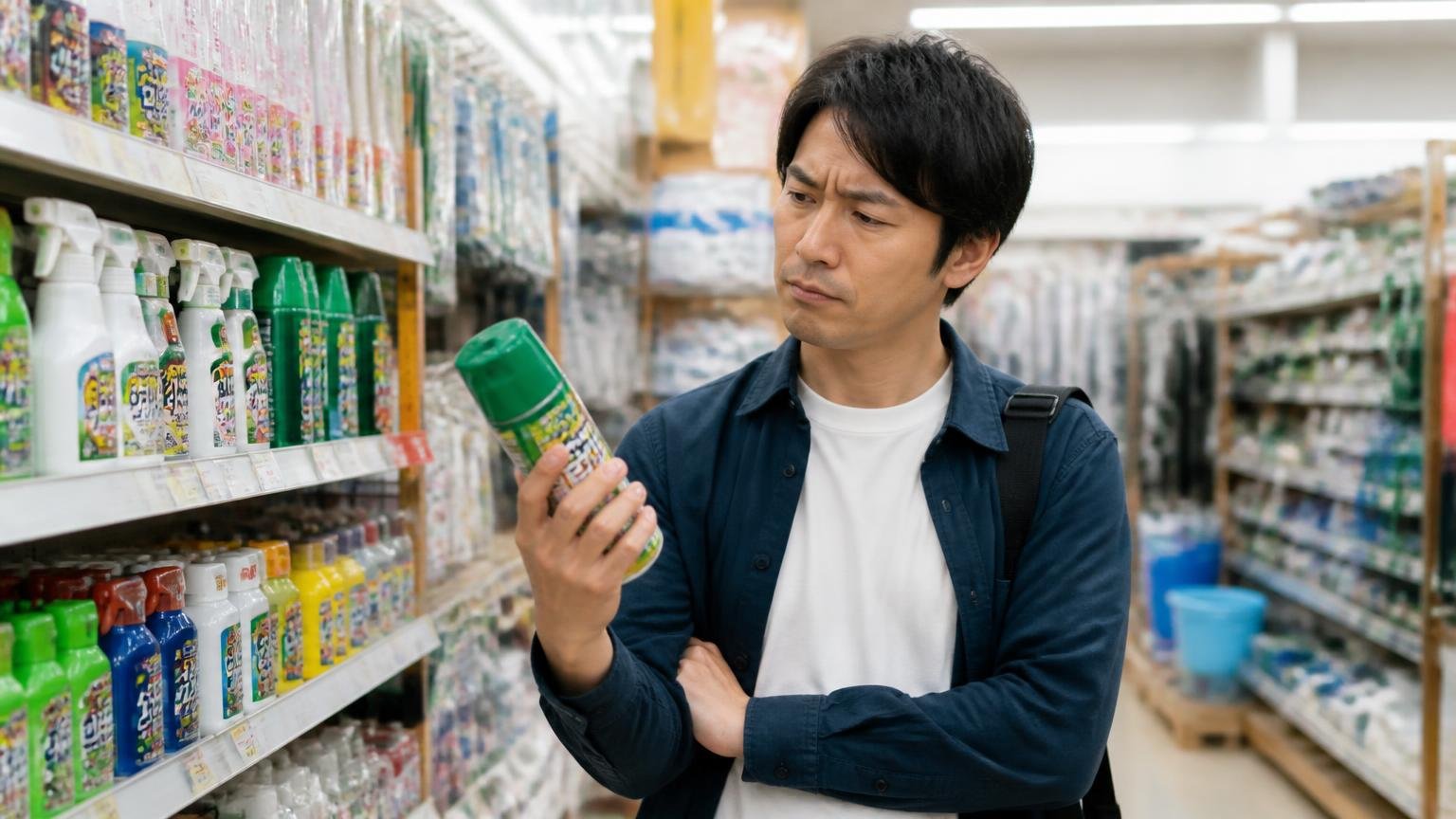 市販グッズは応急処置としては有効。ホームセンターの売り場で男性1人が忌避剤を手に取り悩む表情