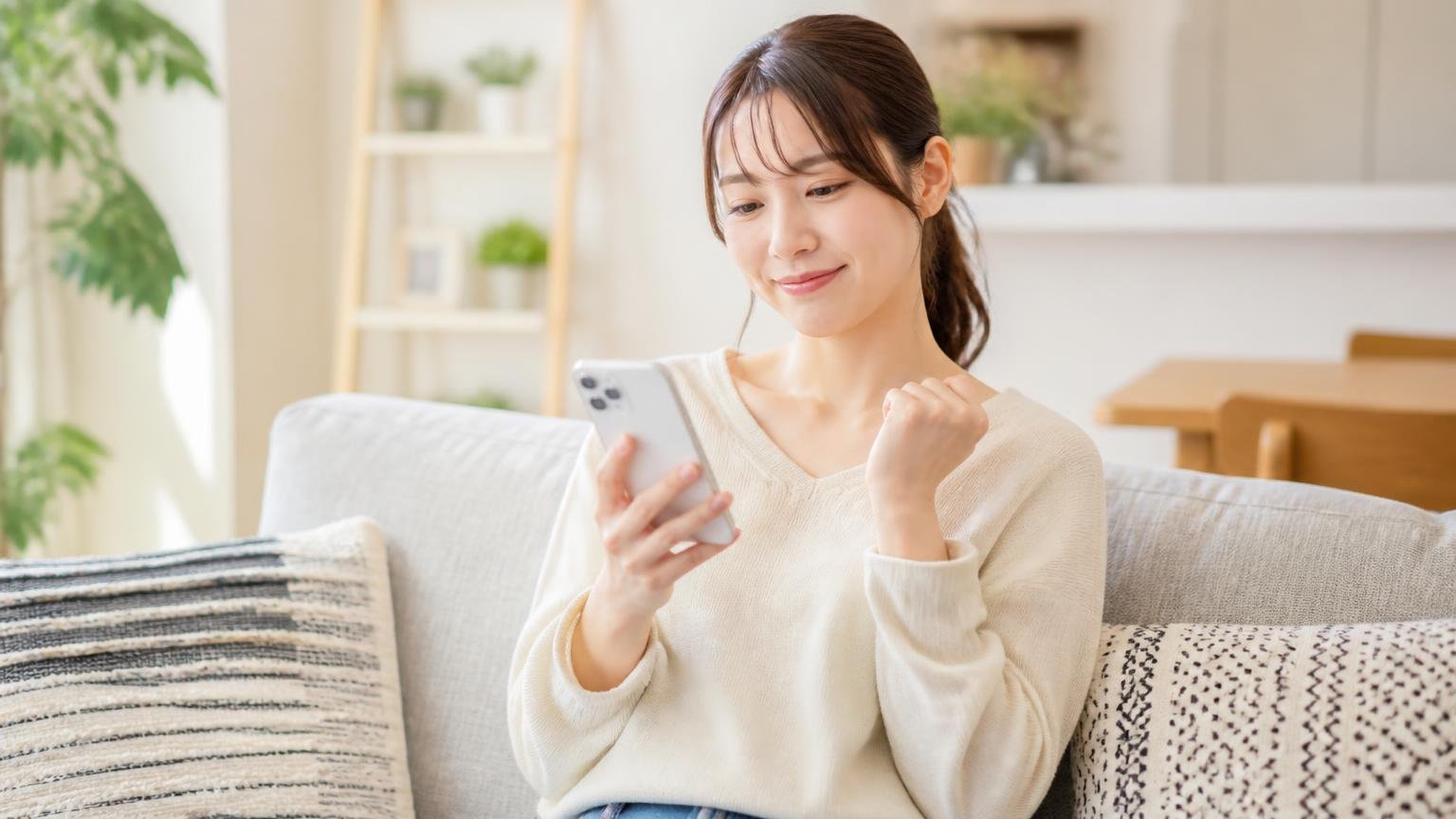 ★の数と本文の温度は一致しない。リビングのソファでスマホを持つ30代女性が納得した表情でうなずく