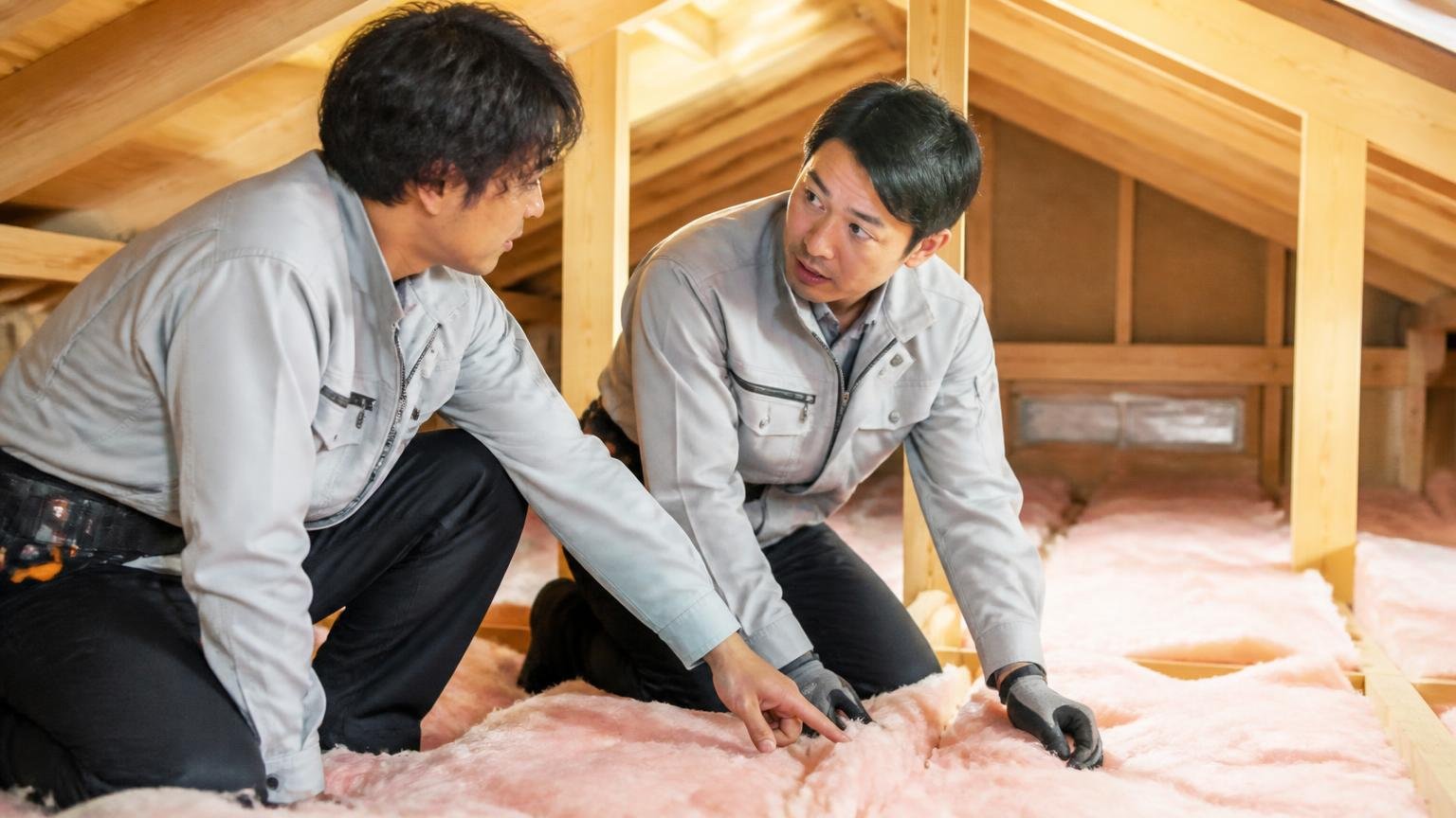 追い出しから封鎖までの正しい順番|木造戸建ての天井裏で作業服の男性2人が断熱材を確認しながら話し合う