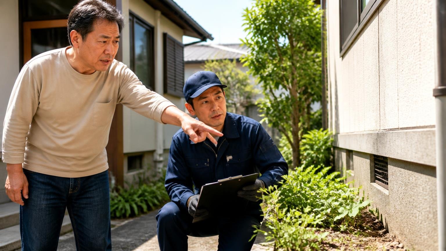 無料の現地調査から始めたい人向けの駆除業者の探し方|自宅の庭先で作業員に被害箇所を指し示す住人1人
