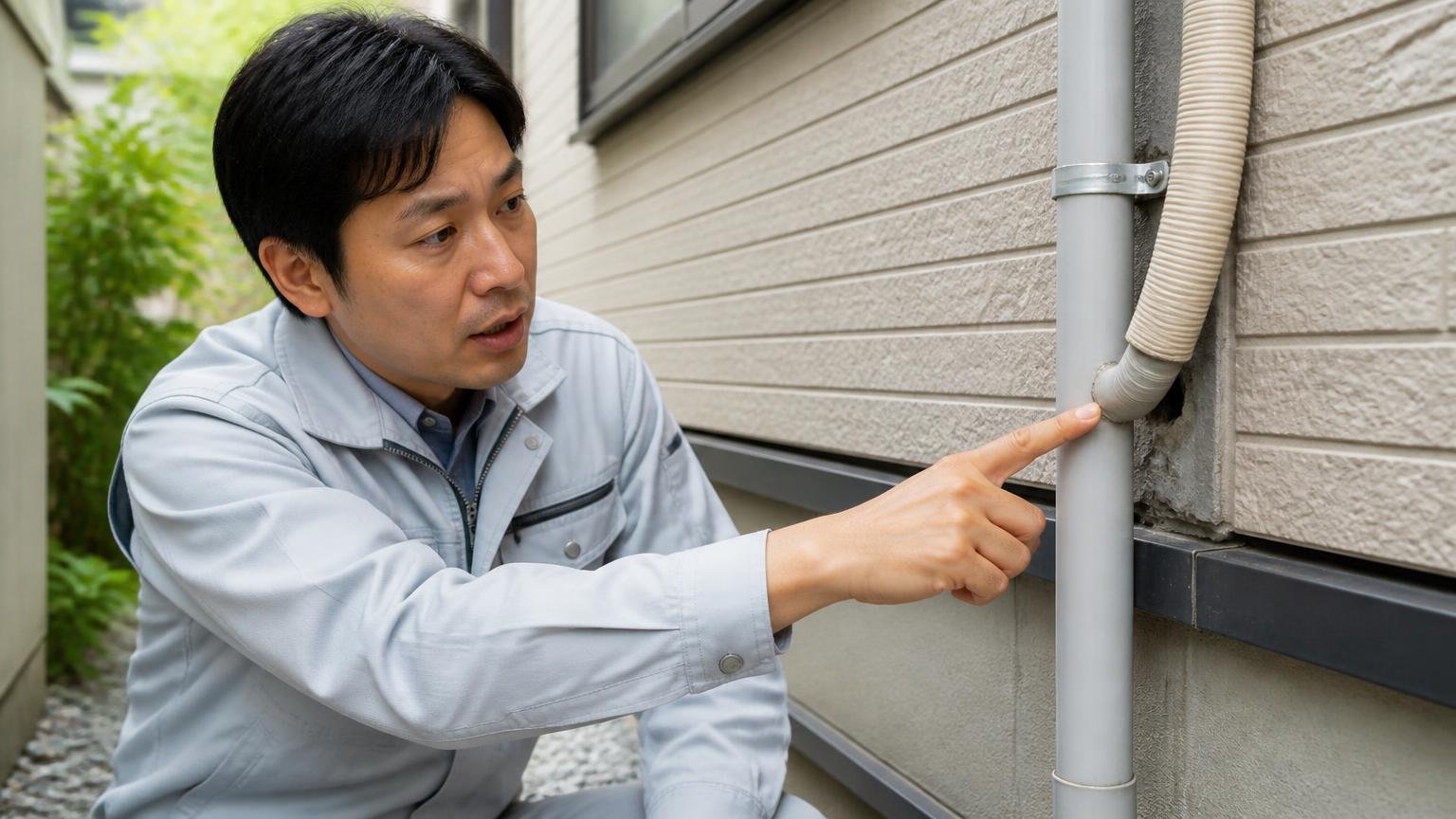侵入口の封鎖が最大の分かれ目 家の外壁まわりで作業員1人が配管の隙間を指さし説明する