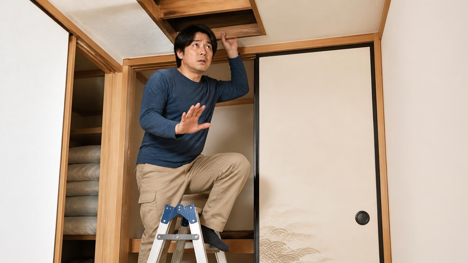 天井裏に自分で上がるのは危険。木造住宅の押し入れの点検口で男性1人が脚立の上でためらう緊張した表情
