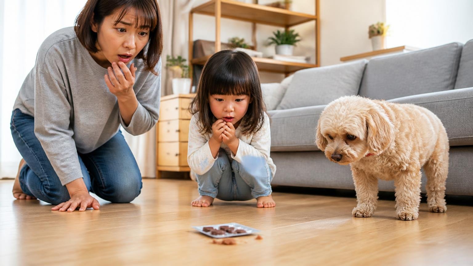 子どもやペットがいる家の毒餌のリスク 住宅のリビングの床 親子2人と犬 床に置いたものを気にして見つめる
