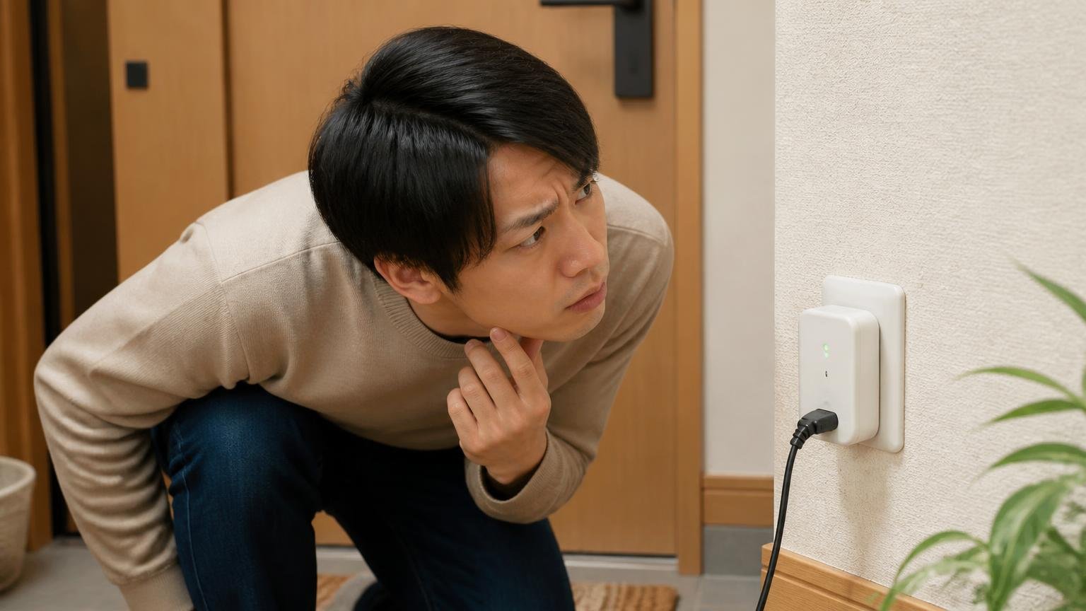 作動しているか分からない。住宅の玄関でコンセントの機器のランプに顔を近づけ首をかしげる20代男性