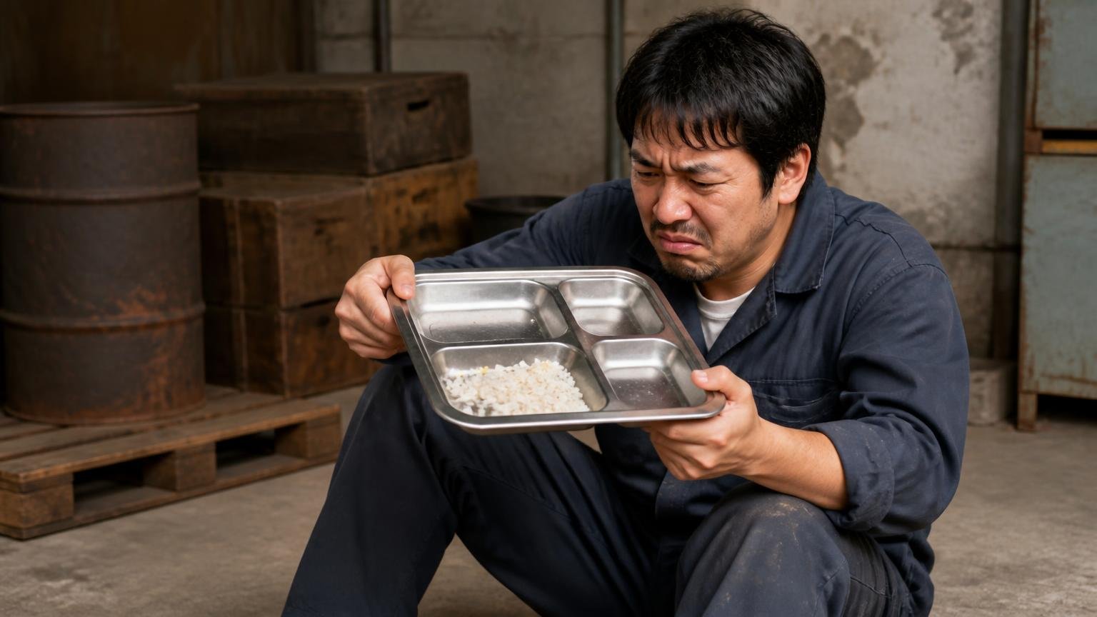食べた量が必要量に届いていない。古い倉庫の隅で男性1人が半分だけ減ったトレーをのぞき込み、渋い顔をする