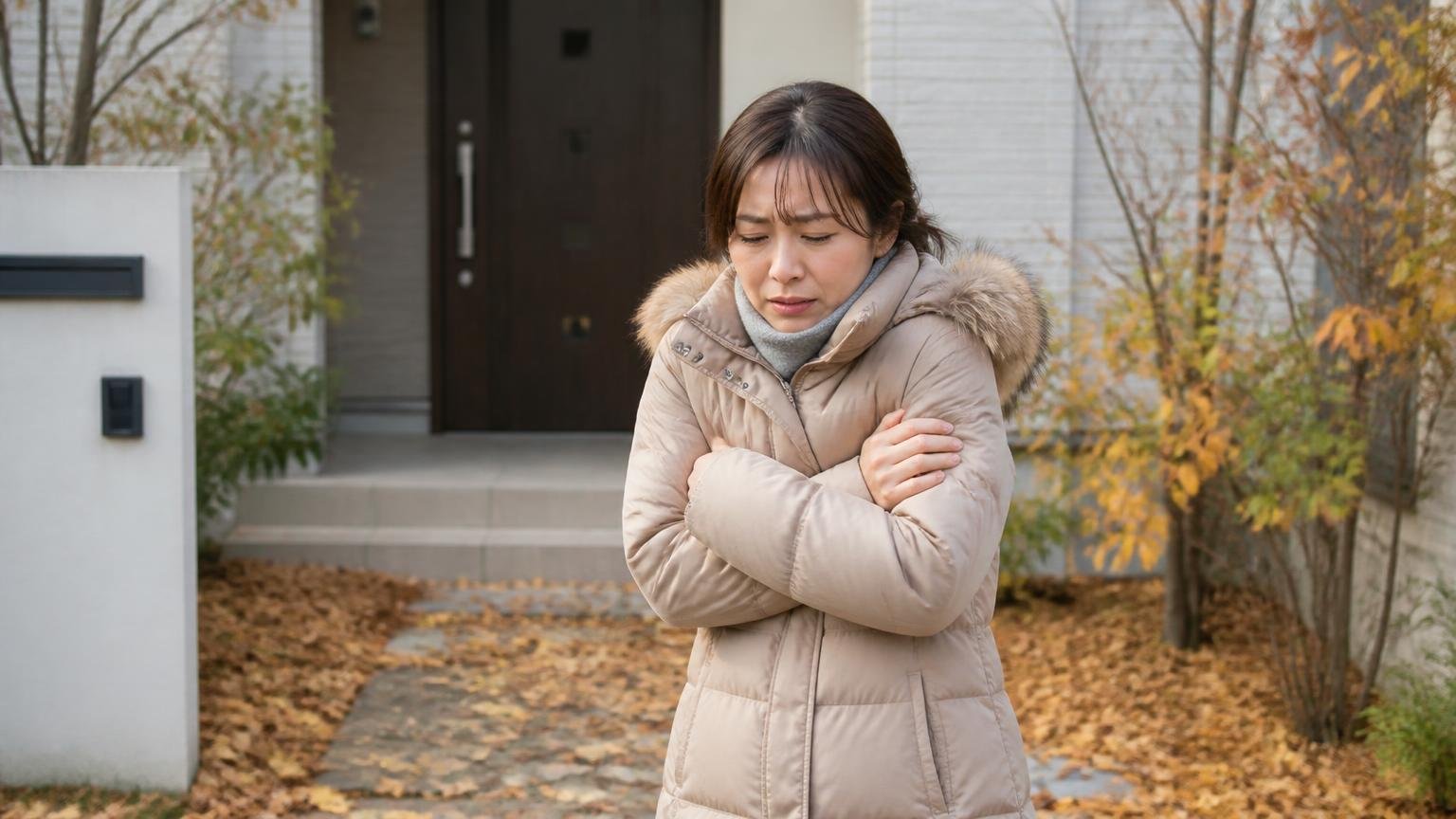 秋から冬に相談が増える理由、住宅の玄関前で落ち葉、上着を着た女性1人、寒そうに肩をすくめる