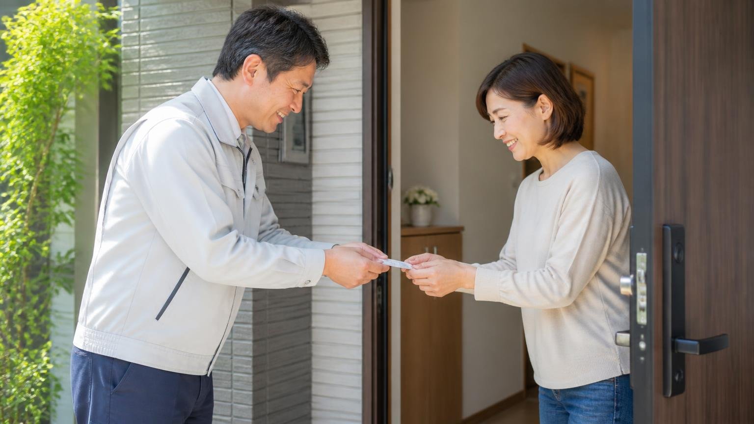 家に来るのは会社でなく担当者。玄関先で作業着の男性と住人の女性が名刺を交わし笑顔で挨拶