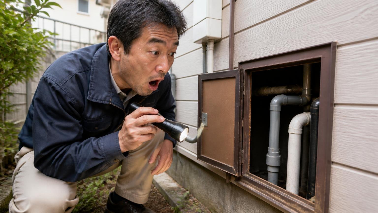 数を減らしても入口が開いたまま。木造戸建ての外壁まわりで男性1人が配管まわりの隙間を懐中電灯で照らし驚く表情