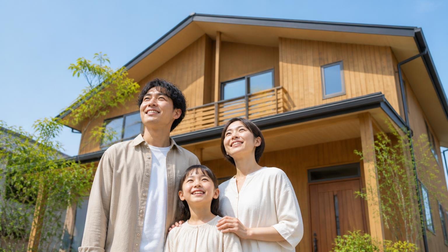 向いている人 木造戸建ての外観前で家族3人が笑顔で家を見上げる