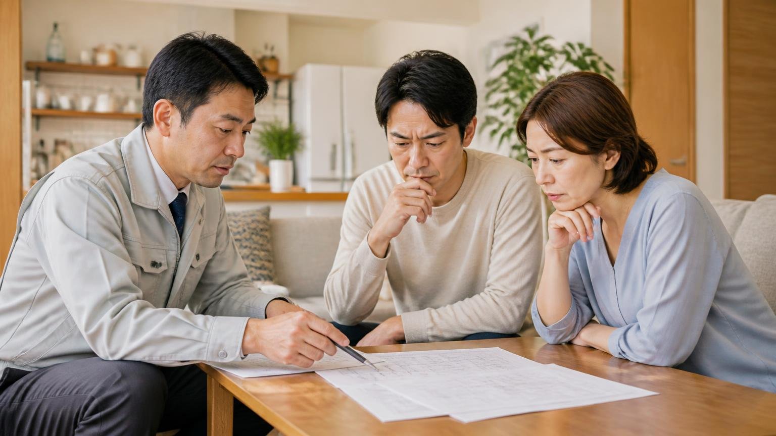 求めているのは再発防止まで。リビングで作業員1人と夫婦2人が見積書を広げて話し合う真剣な場面