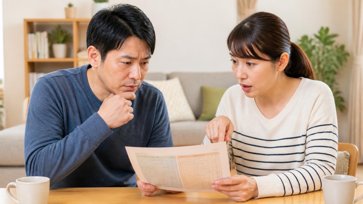セルフチェックであなたはどちら側か。リビングで夫婦2人がチェック表を見て話し合う
