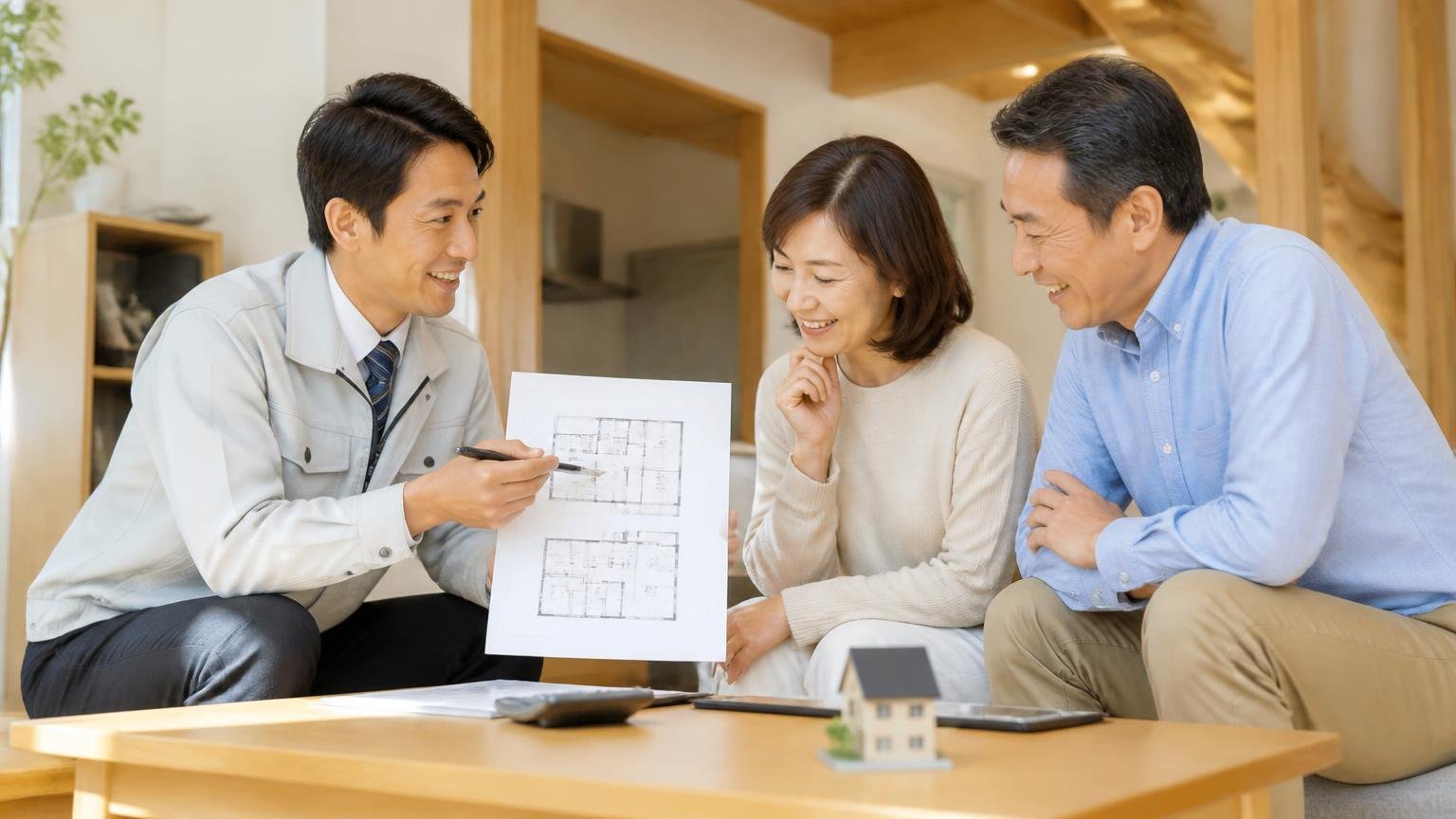 向いている人の3つの条件。木造戸建ての居間で作業着の男性が住人夫婦2人に図面を見せ笑顔で説明