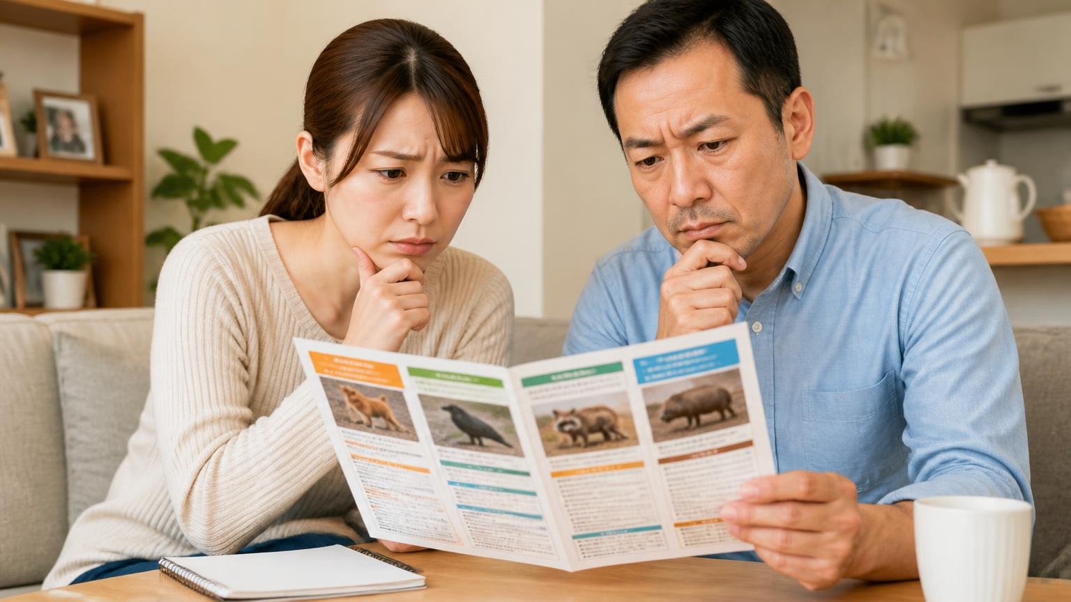 害獣の種類で変わる法律の線引き|住宅のリビングで30代女性と40代男性が自治体の案内を見ながら相談する
